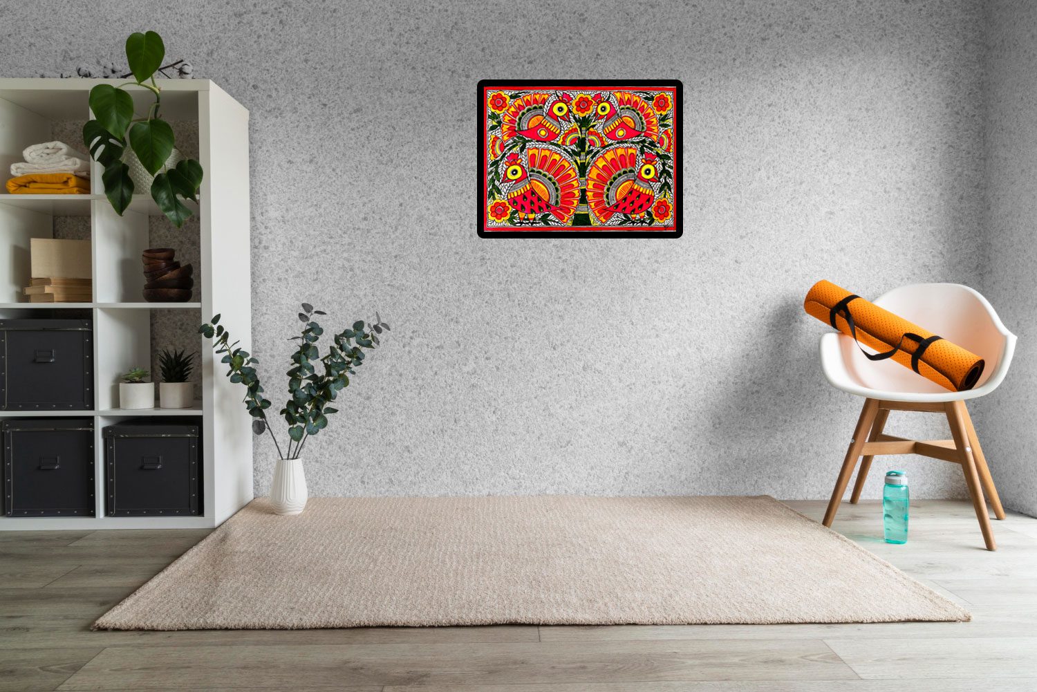 Lovebirds in Fuchsia Madhubani birds painting by Vidushini Prasad on Wall