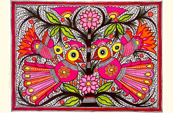 Magenta Peacocks in Bloom Madhubani peacock painting by Vidushini Prasad