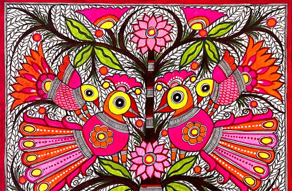 Magenta Peacocks in Bloom Madhubani peacock painting by Vidushini Prasad 2