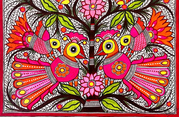 Magenta Peacocks in Bloom Madhubani peacock painting by Vidushini Prasad 3