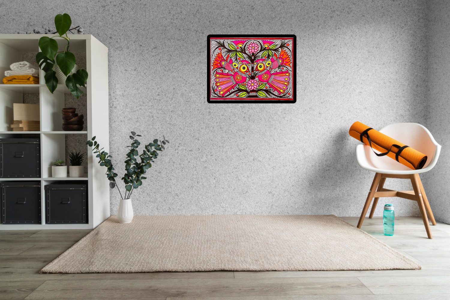 Magenta Peacocks in Bloom Madhubani peacock painting by Vidushini Prasad on Wall