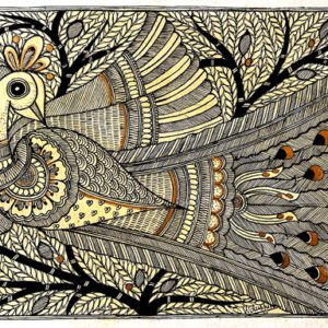 Peacock in Ink & Gold Madhubani Peacock Line Art by Vidushini Prasad