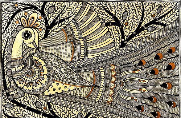 Peacock in Ink & Gold Madhubani Peacock Line Art by Vidushini Prasad 2