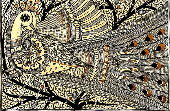 Peacock in Ink & Gold Madhubani Peacock Line Art by Vidushini Prasad 3
