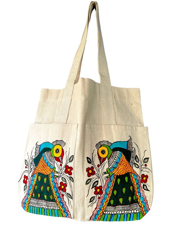 Seated Peacock Madhubani Peacock Tote Bag by Vidushini Prasad