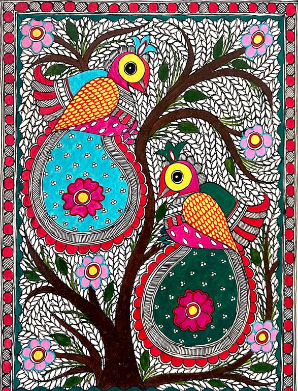 Twin Roundbirds on the Beige Tree Madhubani birds painting by Vidushini Prasad 2