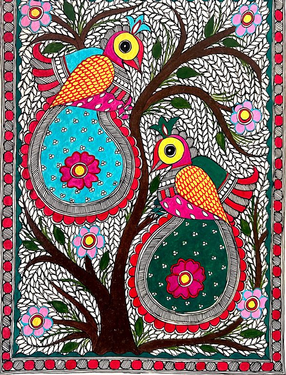 Twin Roundbirds on the Beige Tree Madhubani birds painting by Vidushini Prasad 3