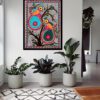 Twin Roundbirds on the Beige Tree Madhubani birds painting by Vidushini Prasad on Wall