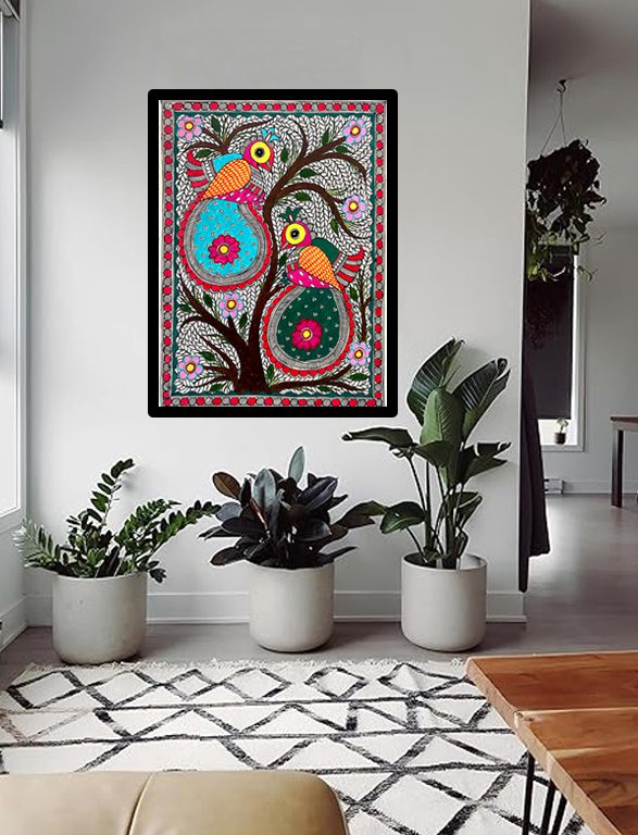 Twin Roundbirds on the Beige Tree Madhubani birds painting by Vidushini Prasad on Wall